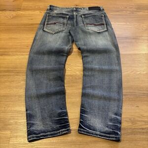 True Luck Jeans Mens 34x30 Dark Distressed Wash Straight Leg Red Stitching Faded